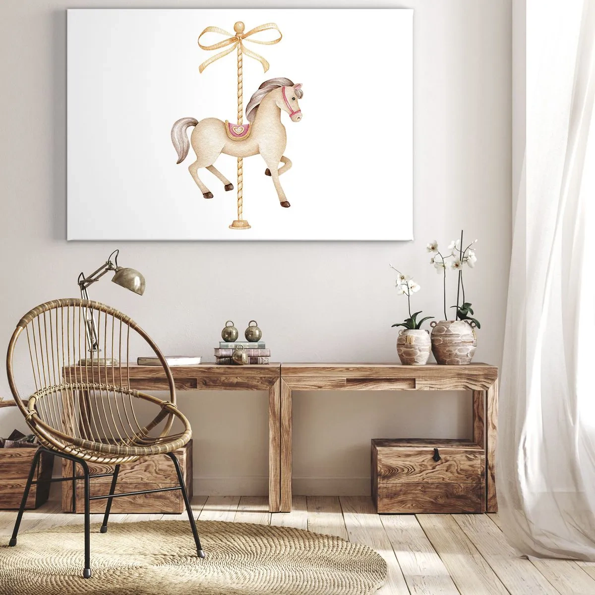 Vászonkép - Egy körhinta ló finom pasztellszínű masnival - 70x50cm - Kecses vágtával - Modern fali dekoráció nappalihoz és hálószobához ARTTOR