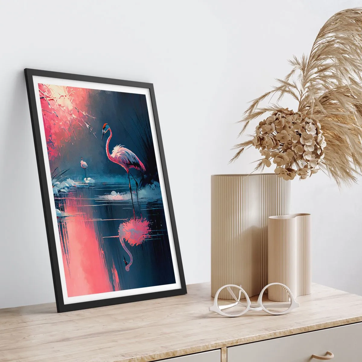 Poszter fehér keretben - Flamingók egy nyugodt tavon - 50x70cm - Egy madár visszavonulása - Modern fali dekoráció nappalihoz és hálószobához ARTTOR