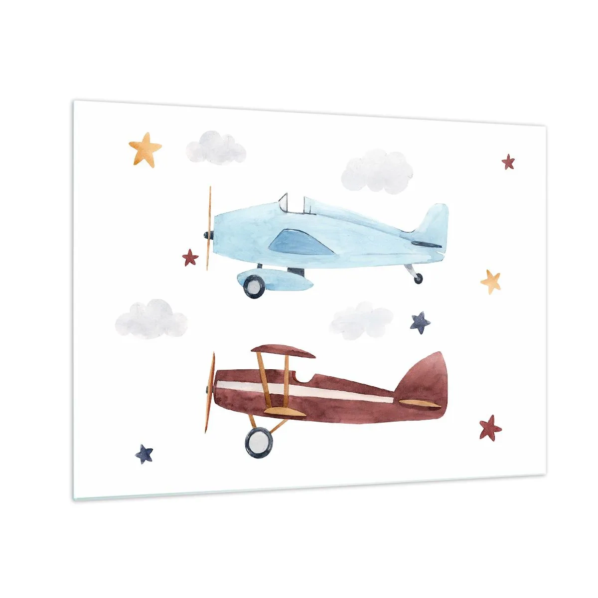 Üveg kép - Két színes repülőgép a csillagok és a felhők között - 70x50cm - Pilóta, várunk! - Modern fali dekoráció nappalihoz és hálószobához ARTTOR