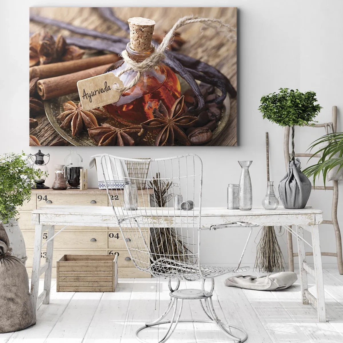 Vászonkép - Egy üveg fűszerolaj egy tálcán - 70x50cm - A test és a lélek egysége felé - Modern fali dekoráció nappalihoz és hálószobához ARTTOR