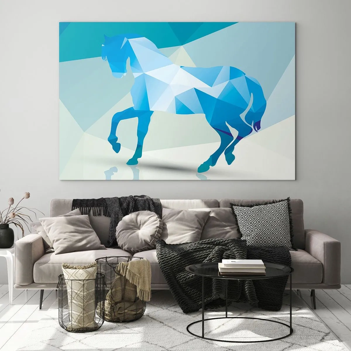 Üveg kép - Geometrikus ló kék és fehér árnyalatokban - 70x50cm - Geometrikus ló türkizben - Modern fali dekoráció nappalihoz és hálószobához ARTTOR