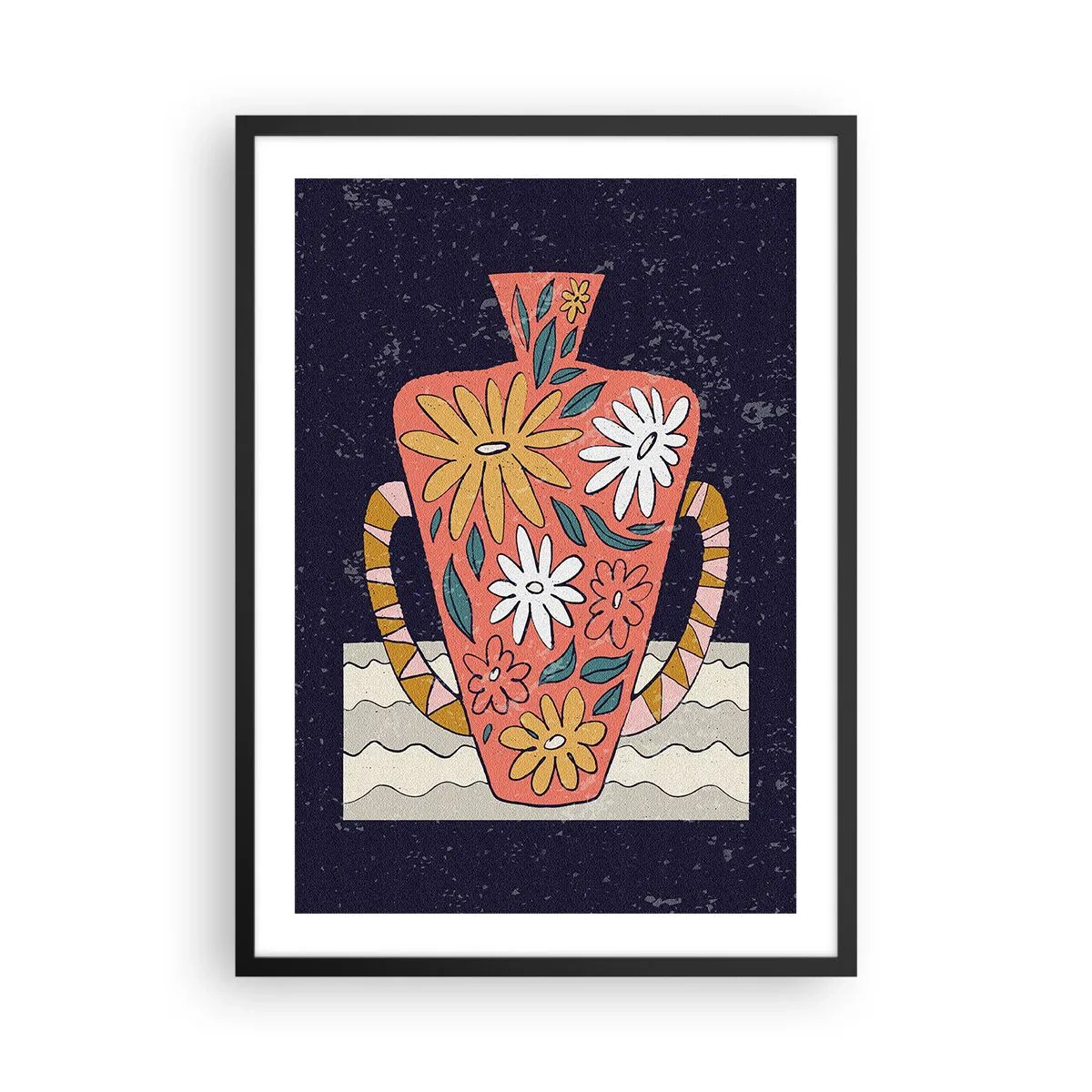 Poszter fehér keretben - Egy színes váza virágmintával sötét háttér előtt - 50x70cm - Festett korsó - Modern fali dekoráció nappalihoz és hálószobához ARTTOR