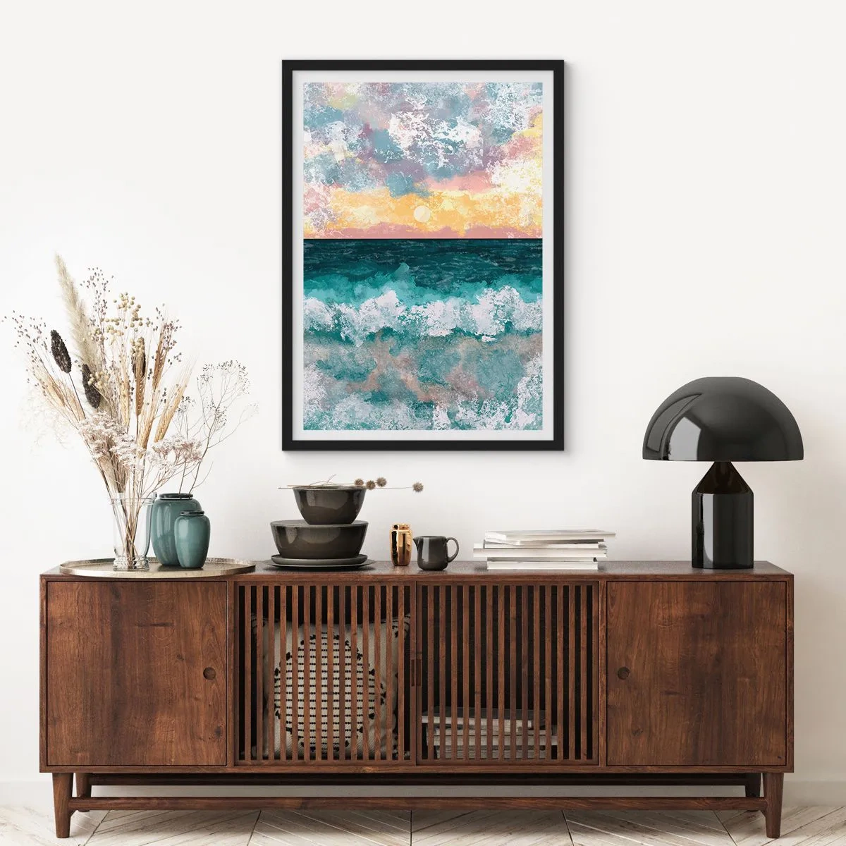 Poszter fehér keretben - Tengeri hullámok és naplemente akvarell stílusban - 50x70cm - Víz, fény, levegő - Modern fali dekoráció nappalihoz és hálószobához ARTTOR
