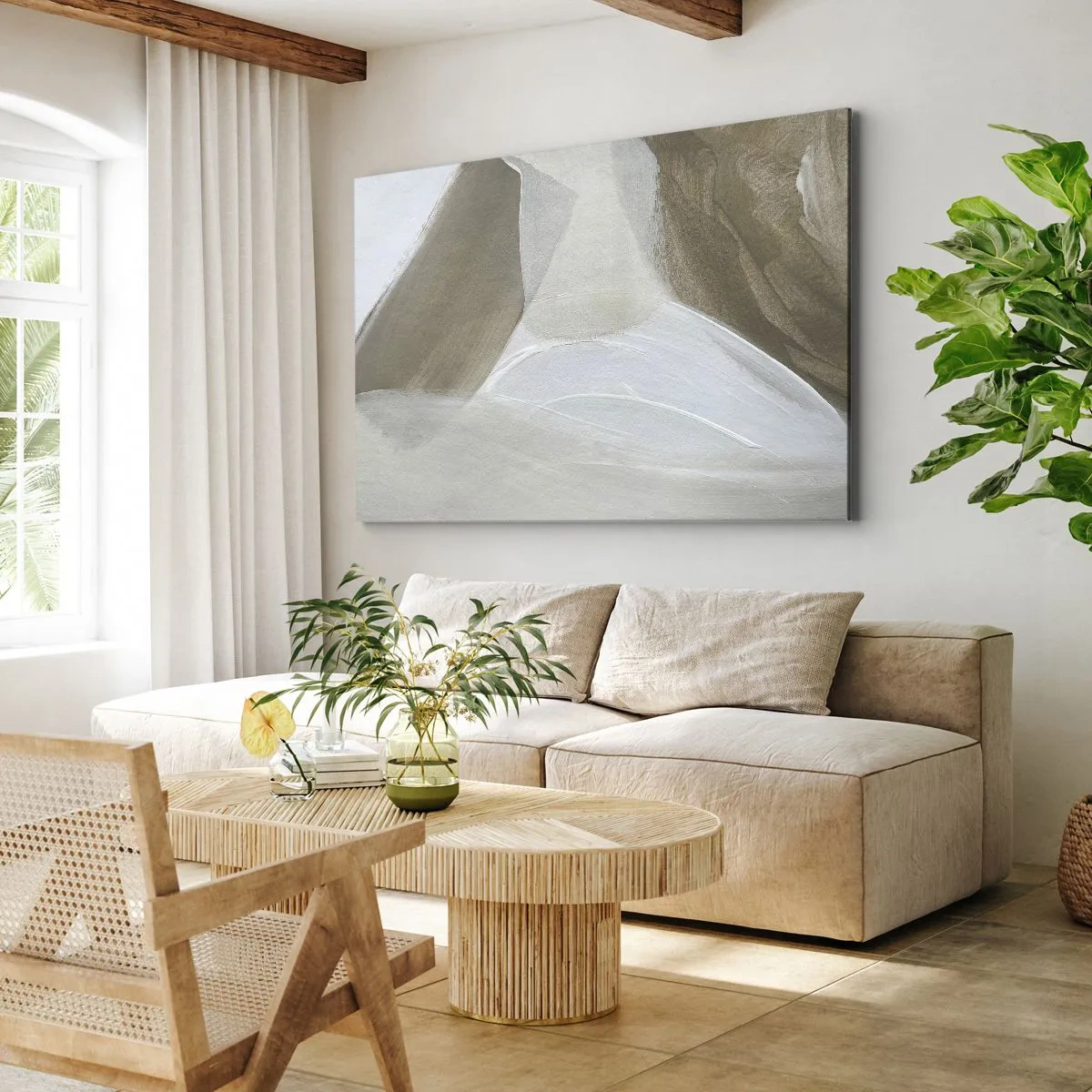 Vászonkép - Finom absztrakció bézs és fehér árnyalatokban - 70x50cm - Fehér hullámai - Modern fali dekoráció nappalihoz és hálószobához ARTTOR