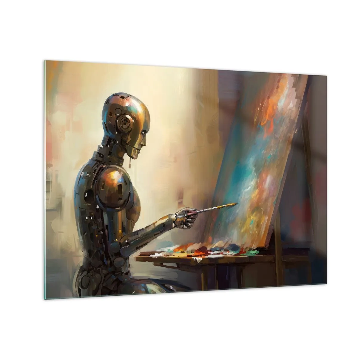 Üveg kép - Egy robot fest egy képet egy festőállványon - 70x50cm - A jövő művészete - Modern fali dekoráció nappalihoz és hálószobához ARTTOR