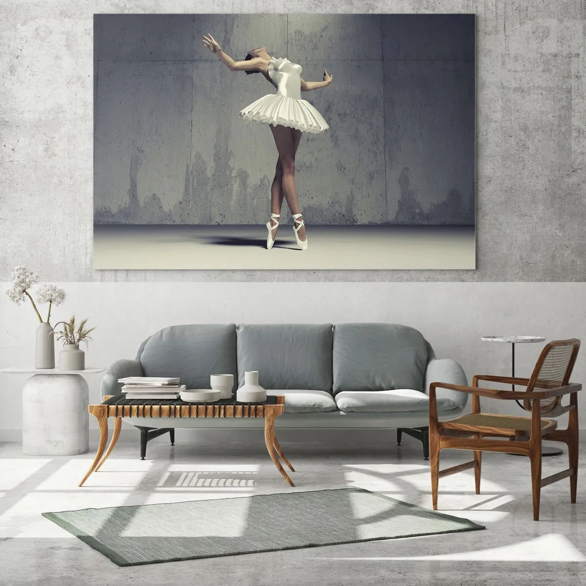 Üveg kép - Egy fehér ruhás balerina egy nyers falnak támaszkodva - 70x50cm - Könnyű, mint a madár - Modern fali dekoráció nappalihoz és hálószobához ARTTOR