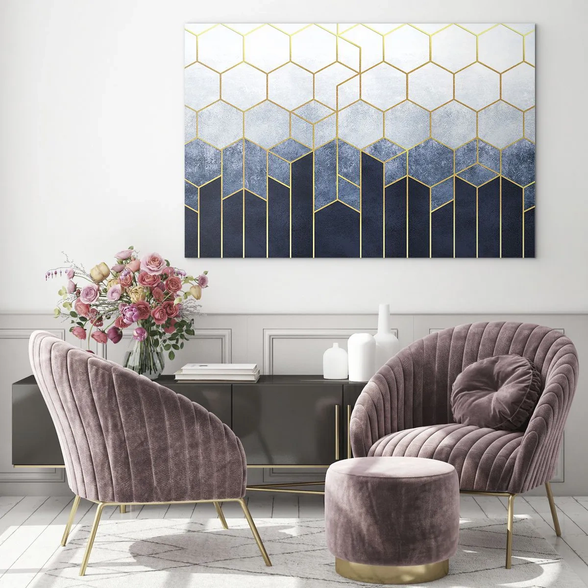 Üveg kép - Geometrikus minta arany és sötétkék színekben - 70x50cm - Kompozíció szinkópa ritmusban - Modern fali dekoráció nappalihoz és hálószobához ARTTOR
