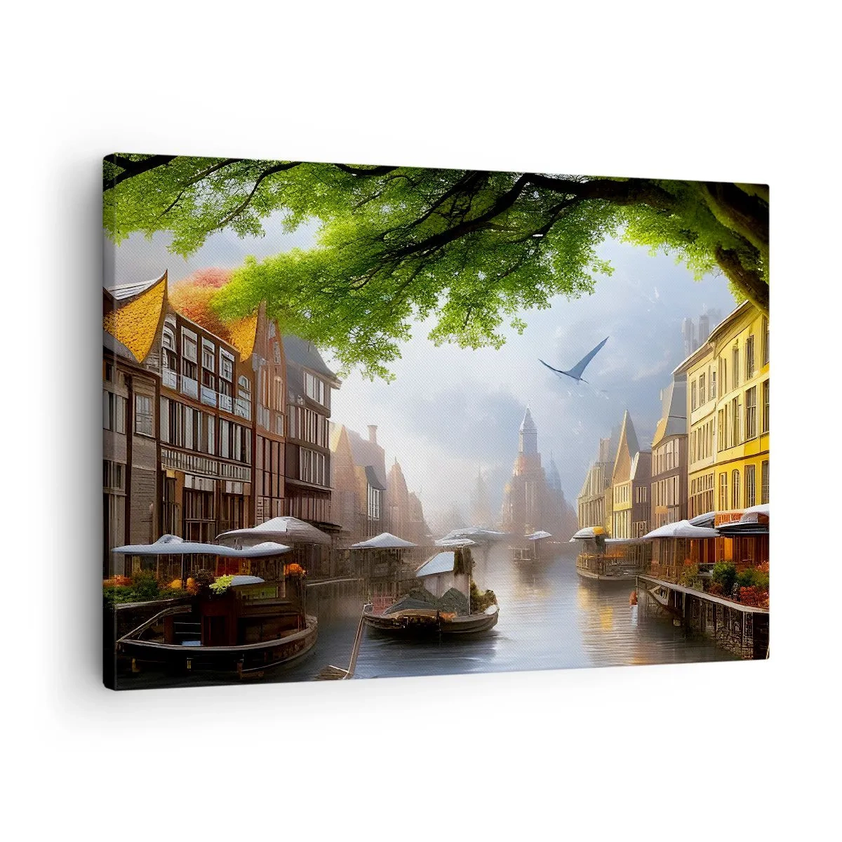 Vászonkép - Festői holland táj csatornával és bérházakkal - 70x50cm - Holland városkép - Modern fali dekoráció nappalihoz és hálószobához ARTTOR