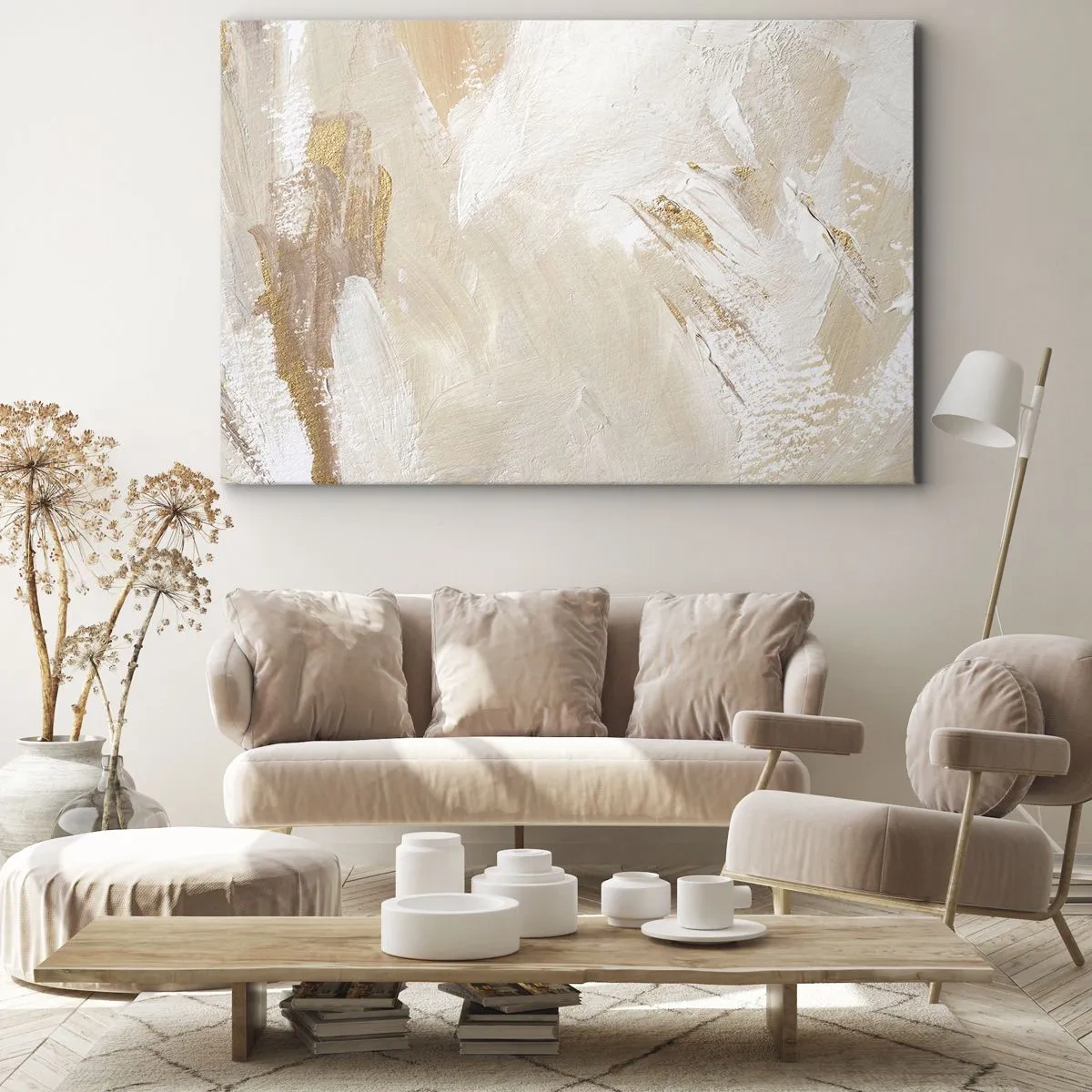 Vászonkép - Finom absztrakt tónusok bézs és arany árnyalatokban - 70x50cm - Pasztell kompozíció - Modern fali dekoráció nappalihoz és hálószobához ARTTOR
