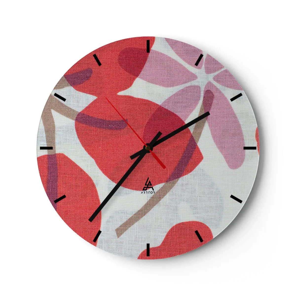 Falióra, Óra - Rózsaszín és piros levelek fehér alapon, vászon textúrával - 30x30cm - Virágkompozíció rózsaszínben - Modern fali dekoráció nappalihoz, konyhához és hálószobához ARTTOR