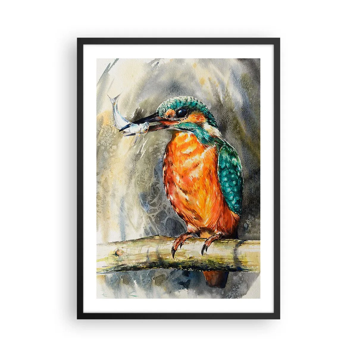 Poszter fehér keretben - Egy vízioroszlán halat tart egy természeti táj előtt akvarell stílusban. - 50x70cm - A természet törvénye - Modern fali dekoráció nappalihoz és hálószobához ARTTOR