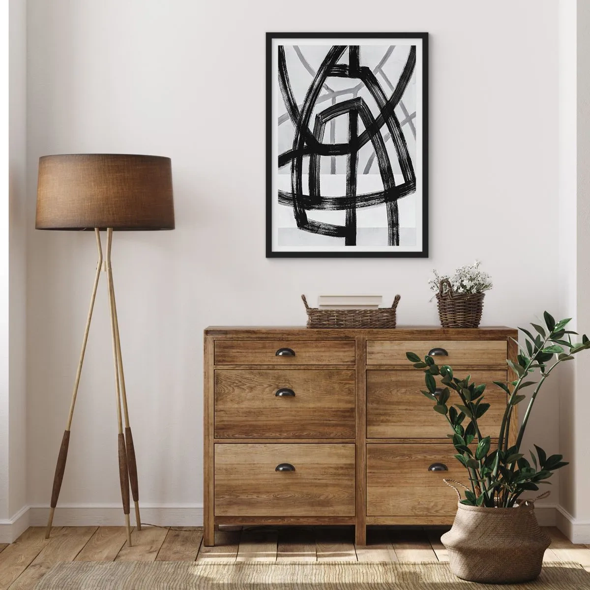 Poszter fehér keretben - Geometrikus fekete vonalak világos háttéren egy absztrakt kompozícióban - 50x70cm - Mélység építése - Modern fali dekoráció nappalihoz és hálószobához ARTTOR