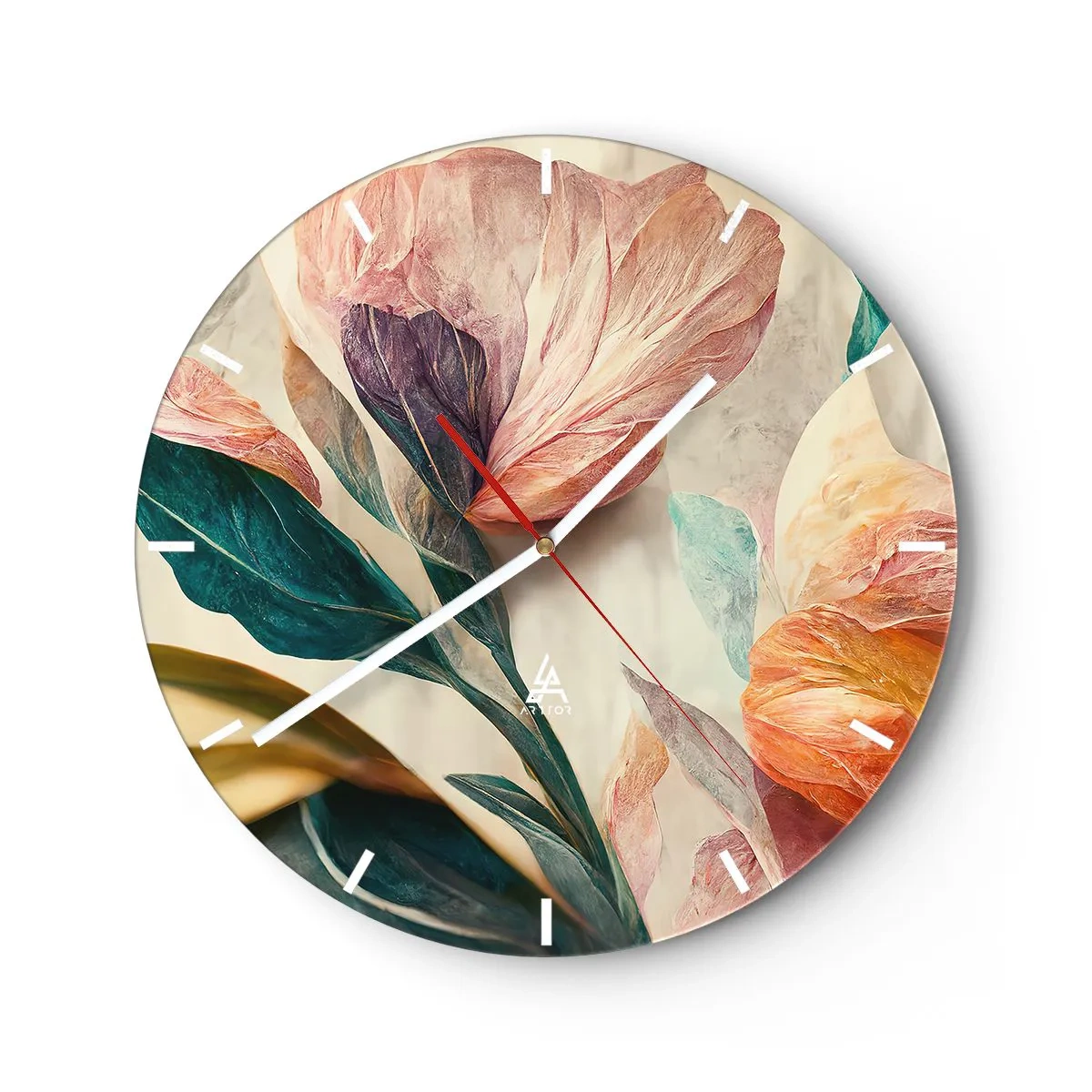 Falióra, Óra - Színes trópusi virágok festői stílusban, világos háttér előtt - 30x30cm - A déli szigetek virágai - Modern fali dekoráció nappalihoz, konyhához és hálószobához ARTTOR