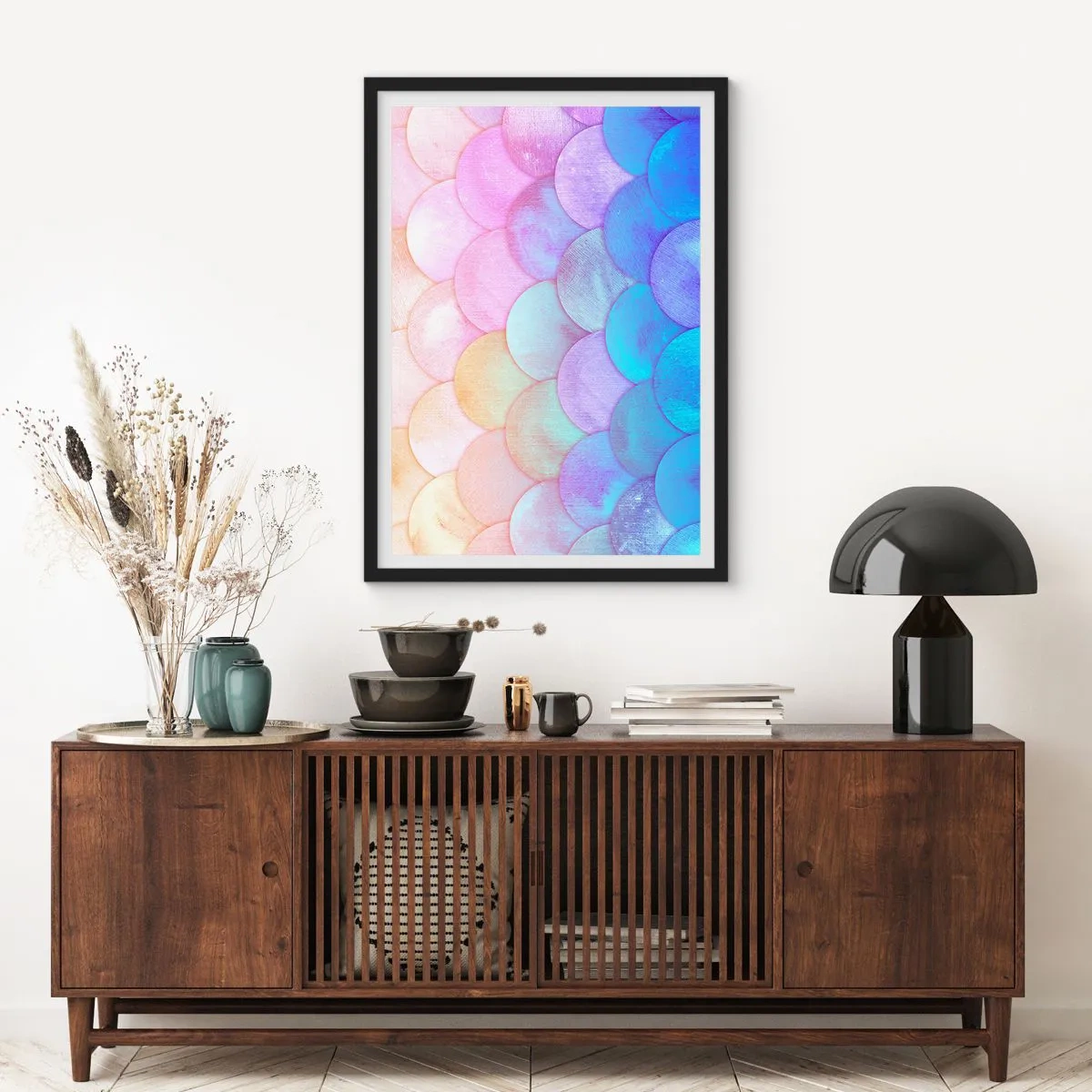 Poszter fehér keretben - Szivárvány árnyalatú pikkelyekre emlékeztető pasztell kompozíció - 50x70cm - Gyöngyház kagyló - Modern fali dekoráció nappalihoz és hálószobához ARTTOR