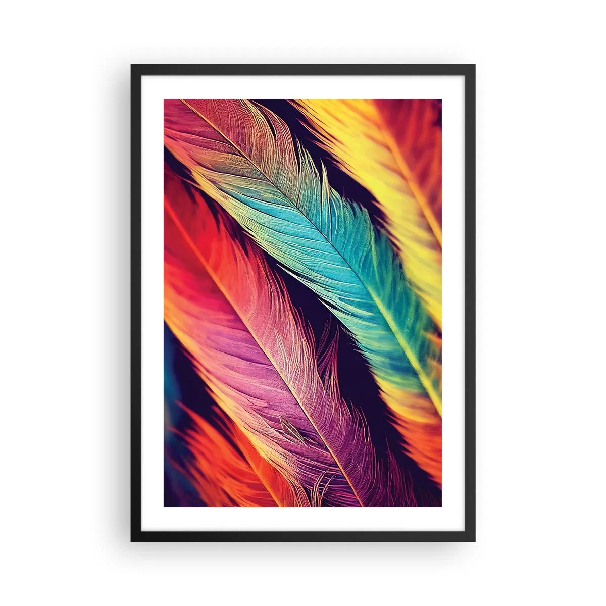 Poszter fehér keretben - Élénk árnyalatú színes tollak sötét háttér előtt - 50x70cm - Tollas szivárvány - Modern fali dekoráció nappalihoz és hálószobához ARTTOR