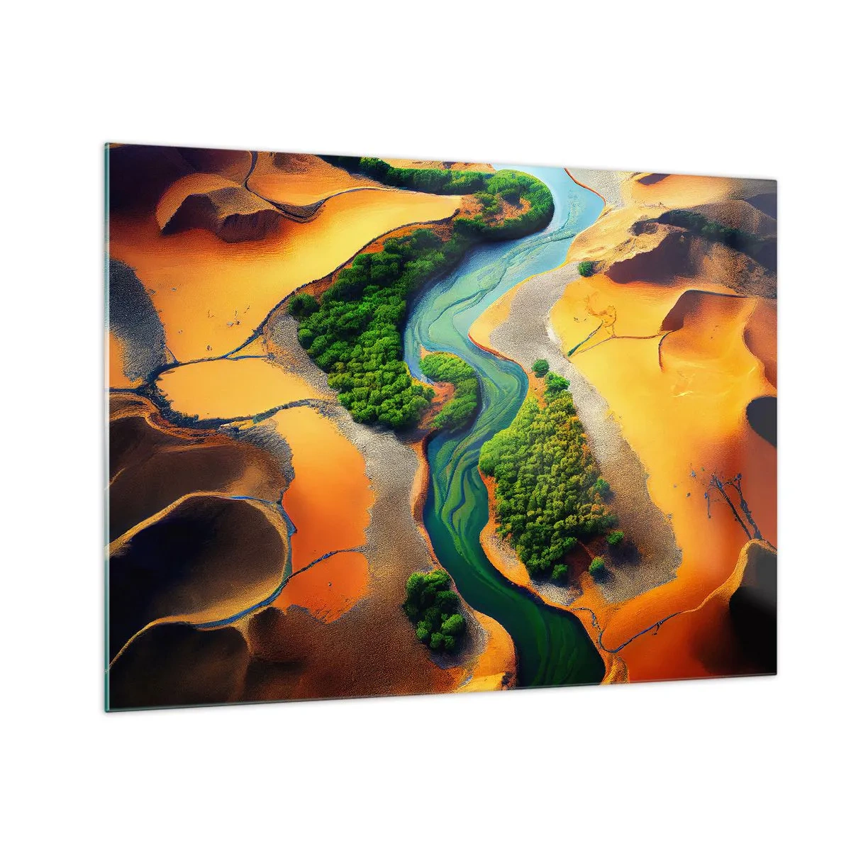 Üveg kép - Zöld oázisok és egy folyó narancssárga dűnék között - 70x50cm - Életetadó folyó - Modern fali dekoráció nappalihoz és hálószobához ARTTOR