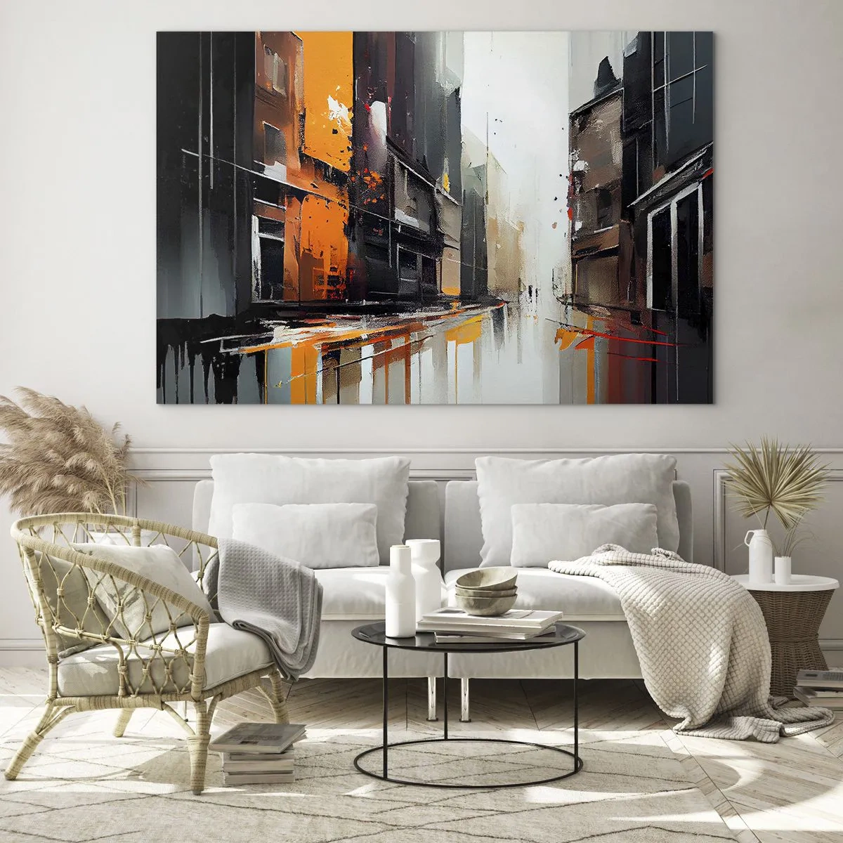 Üveg kép - Egy utca az esőben, magas épületekkel, meleg színekkel - 70x50cm - Esős nap - Modern fali dekoráció nappalihoz és hálószobához ARTTOR