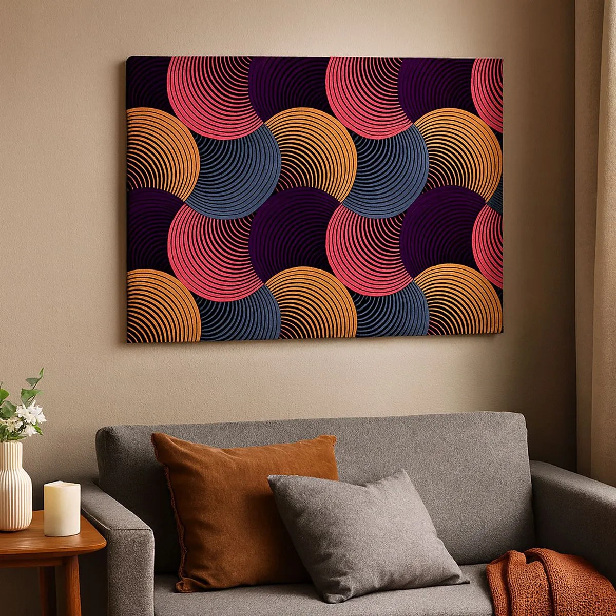 Vászonkép - Geometrikus körök rózsaszín, lila és arany árnyalatokban - 70x50cm - Körkörös ritmusban - Modern fali dekoráció nappalihoz és hálószobához ARTTOR
