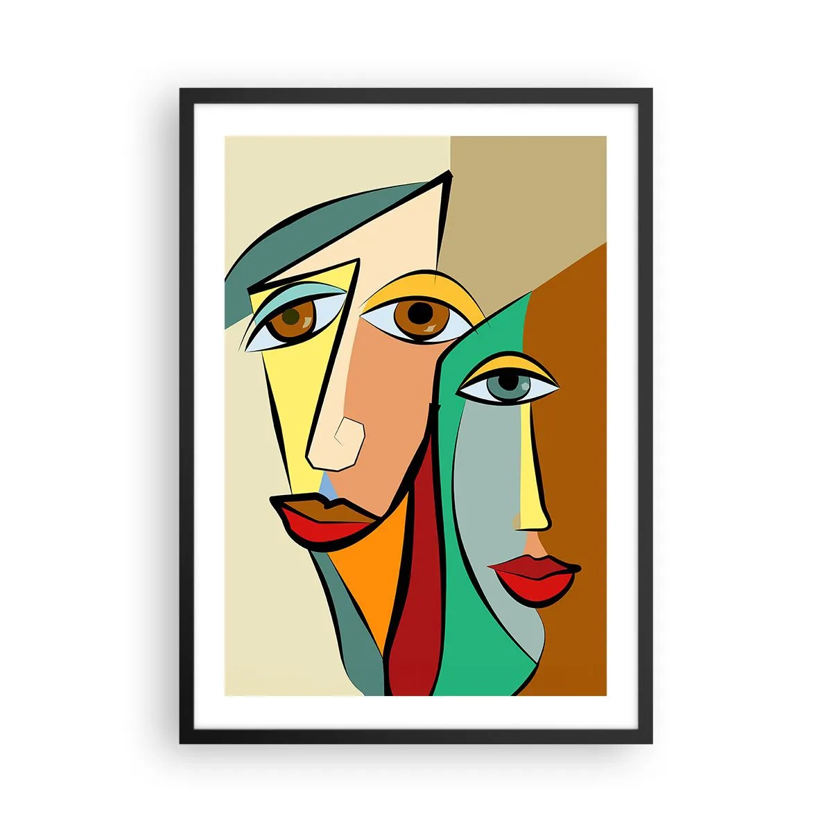 Poszter fehér keretben - Absztrakt kubista stílusú arcok meleg színekben - 50x70cm - Kubista pár - Modern fali dekoráció nappalihoz és hálószobához ARTTOR