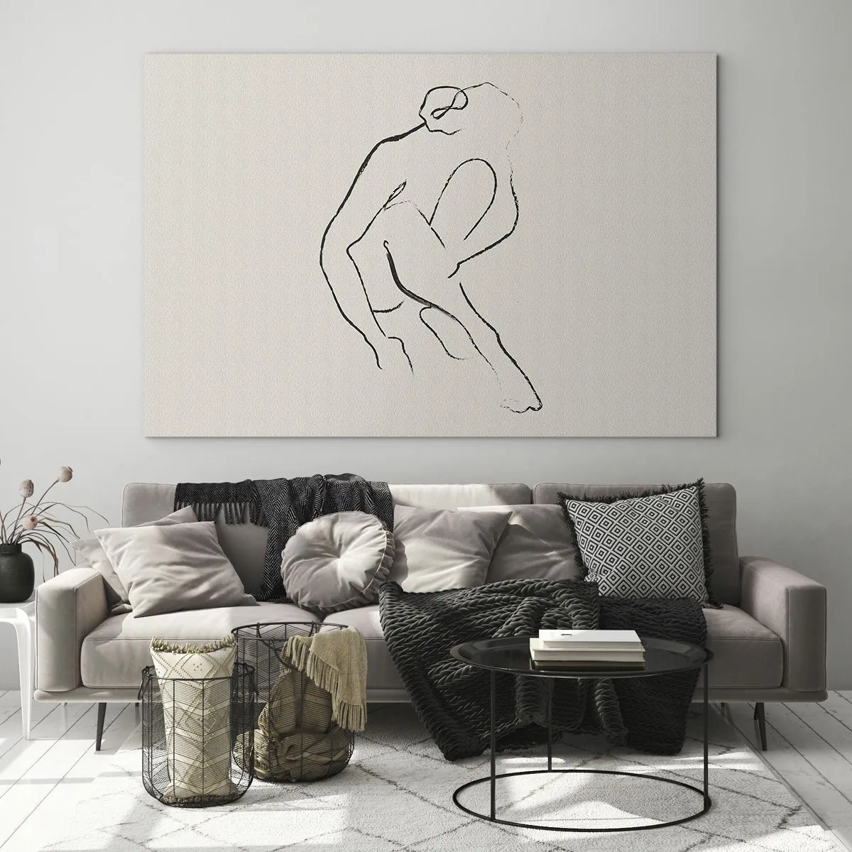 Üveg kép - Egy minimalista vázlat egy női sziluettről ülő helyzetben. - 70x50cm - Intim vázlat - Modern fali dekoráció nappalihoz és hálószobához ARTTOR