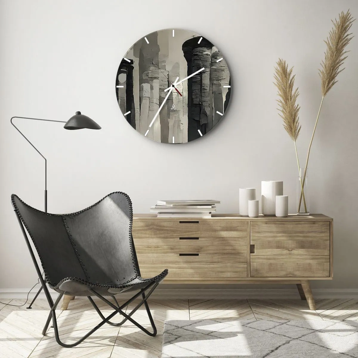 Falióra, Óra - Monumentális oszlopok festői bézs és szürke árnyalatokban - 30x30cm - A régiség fensége - Modern fali dekoráció nappalihoz, konyhához és hálószobához ARTTOR