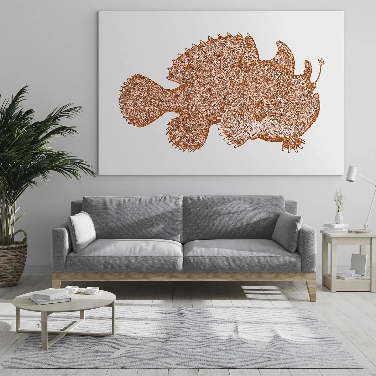 Üveg kép - Mélytengeri hal rozsdás rajza ponttechnikával készült - 70x50cm - Mégiscsak egy hal - Modern fali dekoráció nappalihoz és hálószobához ARTTOR