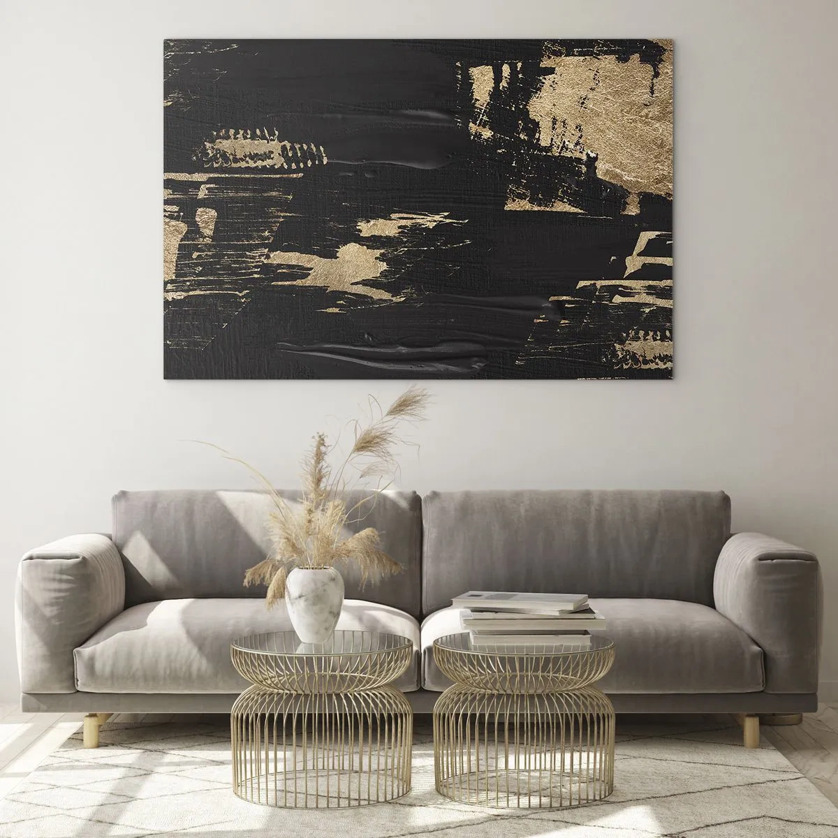 Üveg kép - Fekete és arany absztrakció ecsetvonás-szerű textúrával - 70x50cm - Az érintés nyoma - Modern fali dekoráció nappalihoz és hálószobához ARTTOR