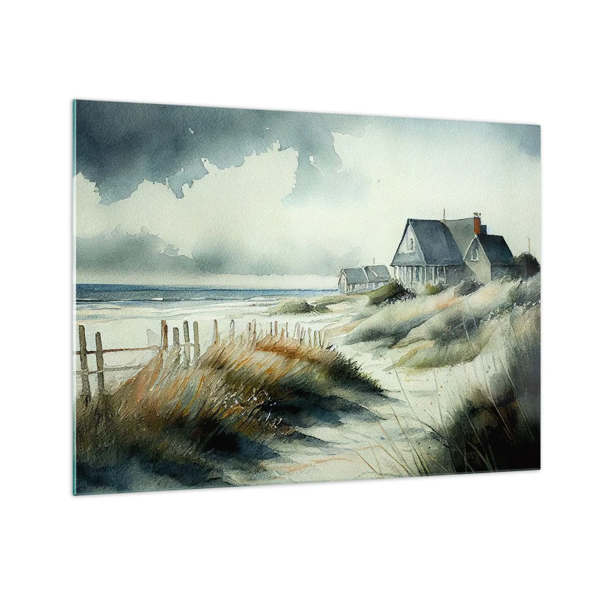 Üveg kép - Tengerparti dűneházak felhős ég alatt - 70x50cm - Távol a nyüzsgéstől - Modern fali dekoráció nappalihoz és hálószobához ARTTOR