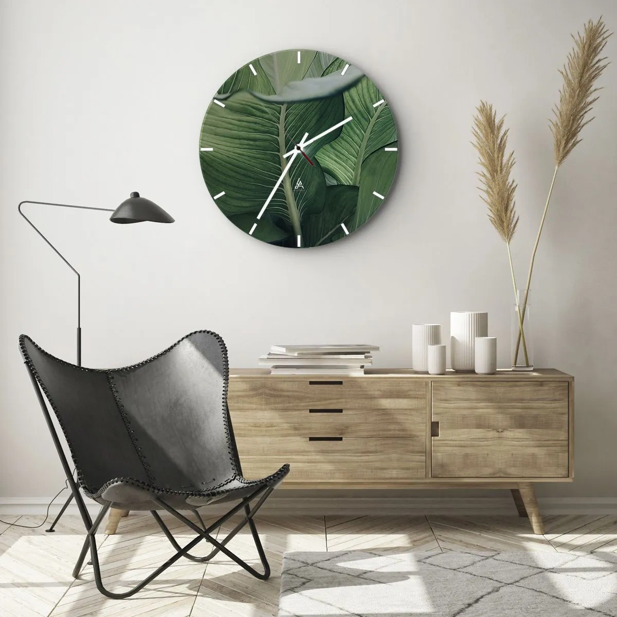 Falióra, Óra - Intenzív zöld trópusi levelek közeli képe - 30x30cm - Intenzíven zöld élet - Modern fali dekoráció nappalihoz, konyhához és hálószobához ARTTOR