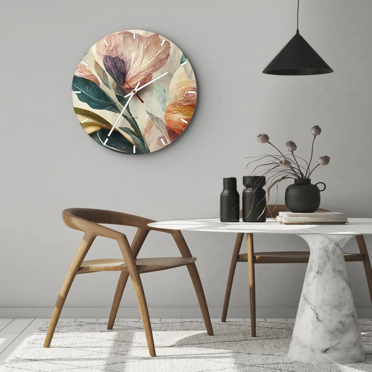 Falióra, Óra - Színes trópusi virágok festői stílusban, világos háttér előtt - 30x30cm - A déli szigetek virágai - Modern fali dekoráció nappalihoz, konyhához és hálószobához ARTTOR