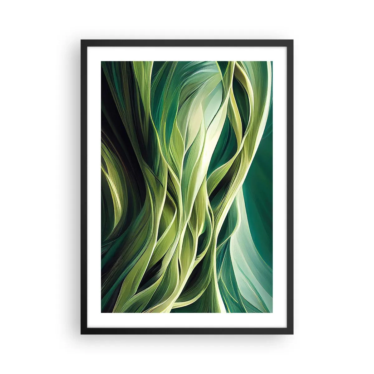 Poszter fehér keretben - Organikus, zöld formák absztrakt kompozíciója. - 50x70cm - Egy absztrakt zöldjáték - Modern fali dekoráció nappalihoz és hálószobához ARTTOR