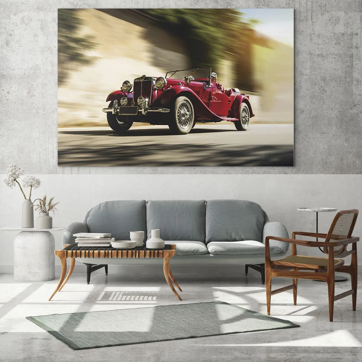 Üveg kép - Klasszikus piros kabrió mozgásban az utca és az elmosódott táj hátterében - 70x50cm - Szebb, mint Szamothrakéi Niké - Modern fali dekoráció nappalihoz és hálószobához ARTTOR