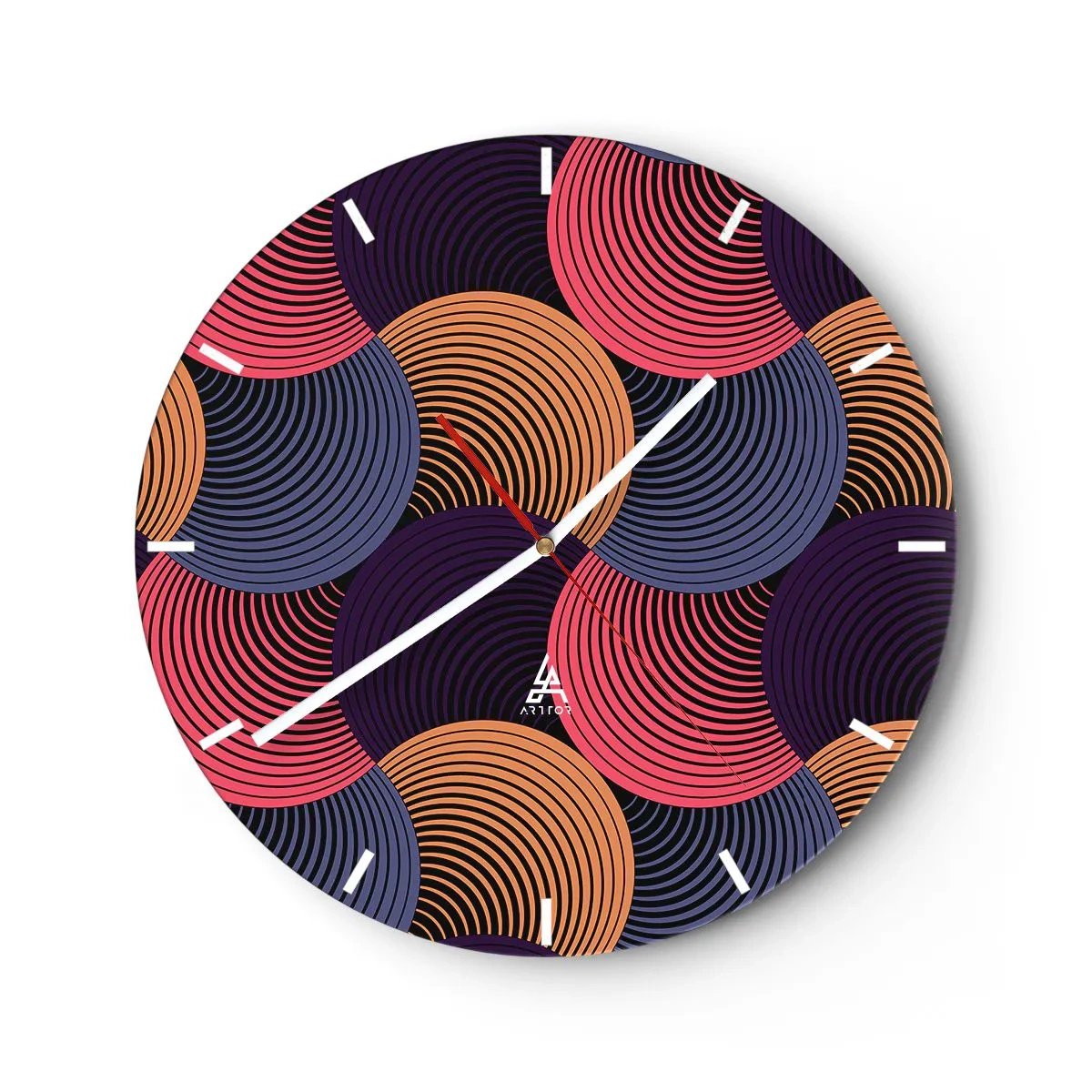 Falióra, Óra - Színes koncentrikus körök dinamikus elrendezésben - 30x30cm - Körkörös ritmusban - Modern fali dekoráció nappalihoz, konyhához és hálószobához ARTTOR