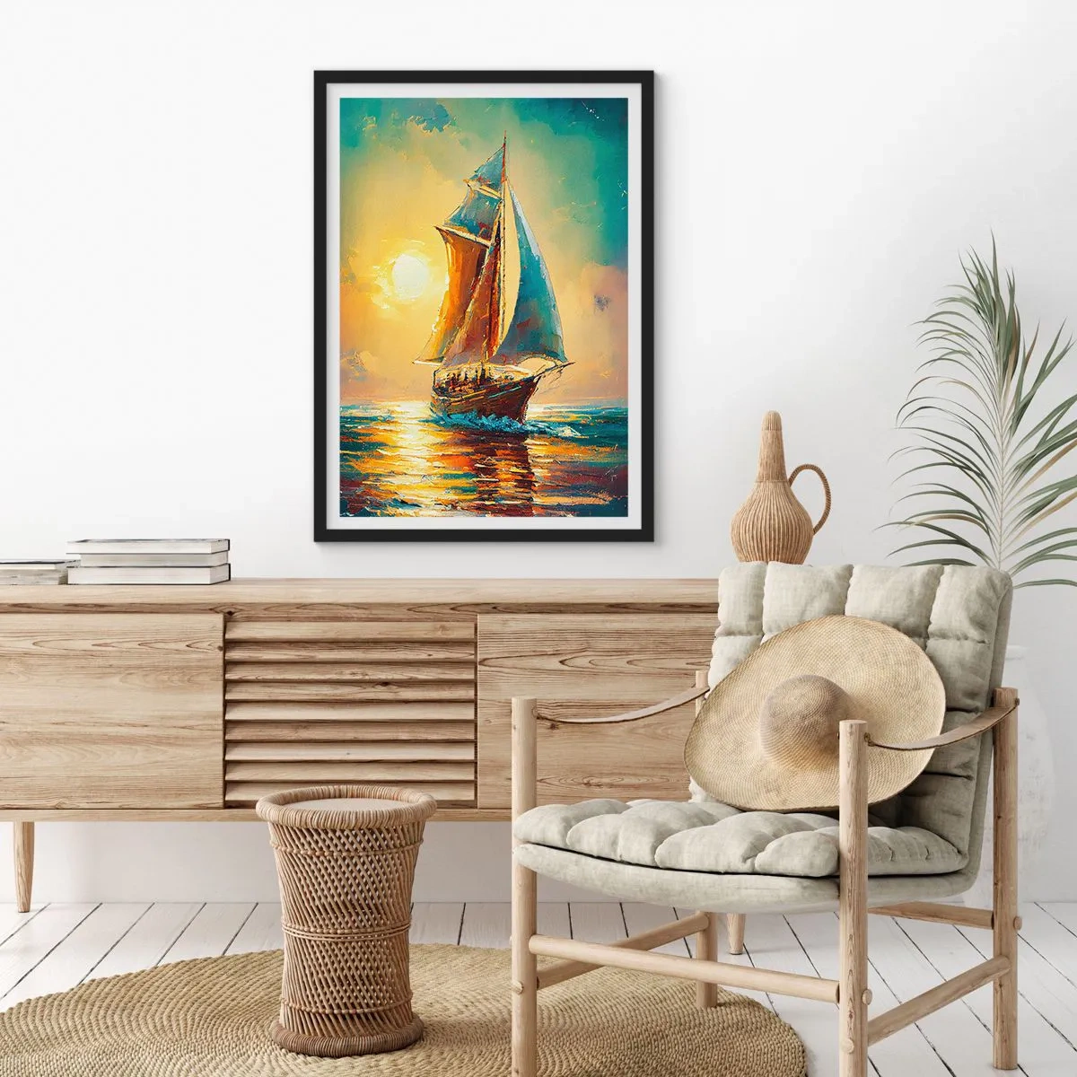 Poszter fehér keretben - Egy vitorlás hajó az aranyló naplemente hátterében - 50x70cm - Teli vitorlák alatt - Modern fali dekoráció nappalihoz és hálószobához ARTTOR