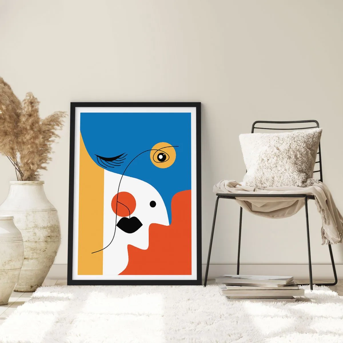 Poszter fehér keretben - Erős színekkel megvilágított kubista portré - 50x70cm - Dekonstruált portré - Modern fali dekoráció nappalihoz és hálószobához ARTTOR