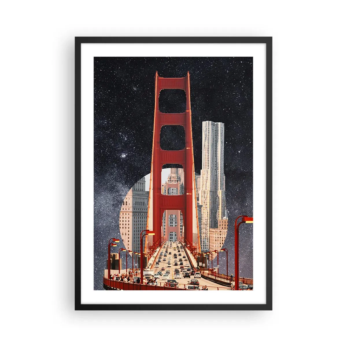 Poszter fehér keretben - Egy híd és felhőkarcolók a csillagos ég ellen - 50x70cm - Mindig a középpontban - Modern fali dekoráció nappalihoz és hálószobához ARTTOR
