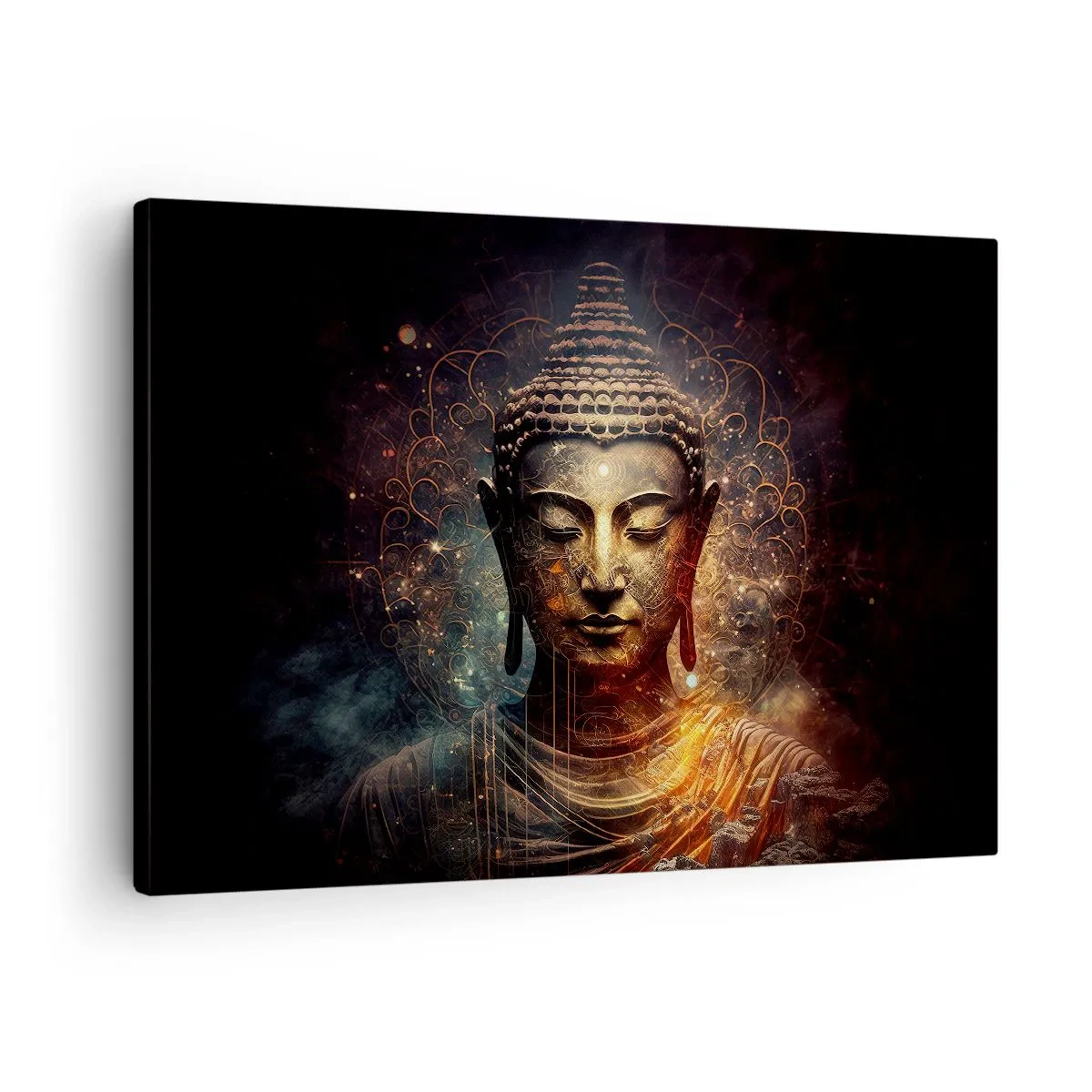 Vászonkép - Arany Buddha sötét háttér előtt, díszekkel - 70x50cm - Spirituális egyensúly - Modern fali dekoráció nappalihoz és hálószobához ARTTOR