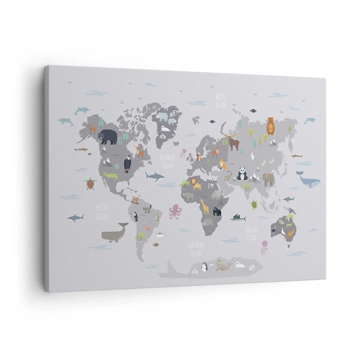 Vászonkép - Egy világtérkép állatos illusztrációkkal szürke háttéren - 70x50cm - Mondd meg, hogy honnan jöttél... - Modern fali dekoráció nappalihoz és hálószobához ARTTOR
