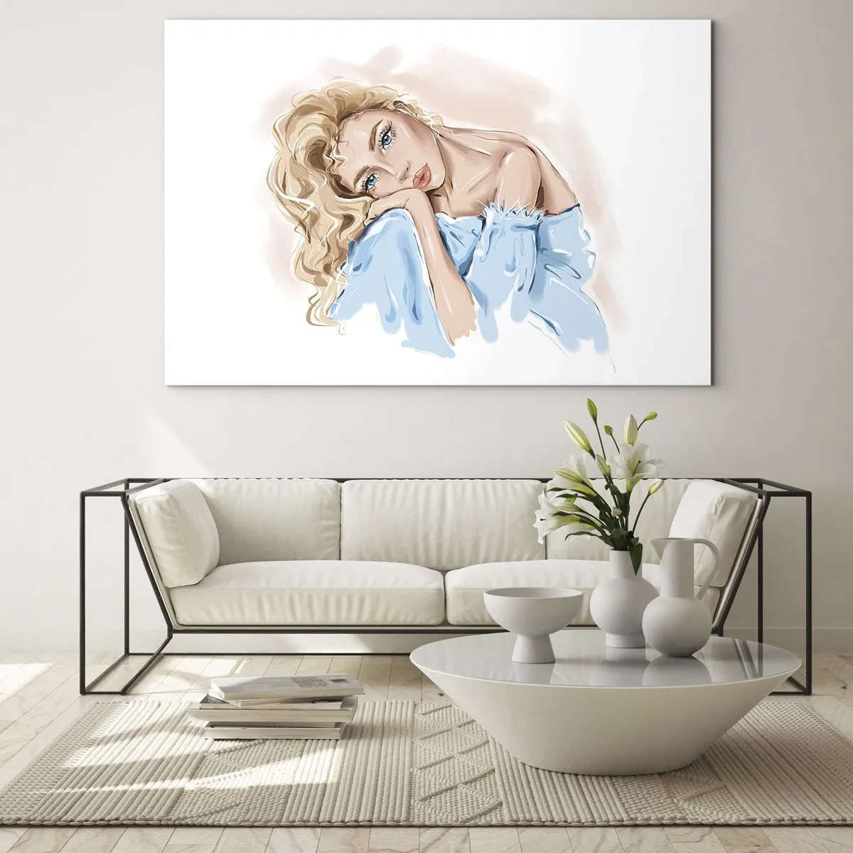Üveg kép - Egy kék ruhás, átgondolt pillantású szőke nő portréja - 70x50cm - Álmodozó a kékben - Modern fali dekoráció nappalihoz és hálószobához ARTTOR