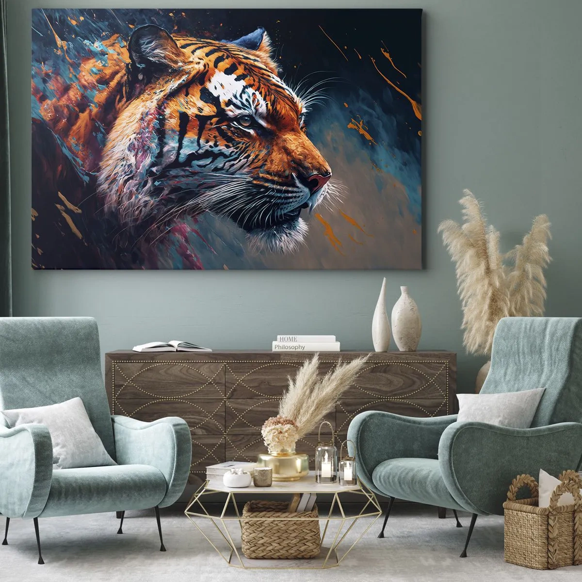 Vászonkép - Tigris portréja dinamikus, absztrakt színekben - 70x50cm - Vad szépség - Modern fali dekoráció nappalihoz és hálószobához ARTTOR