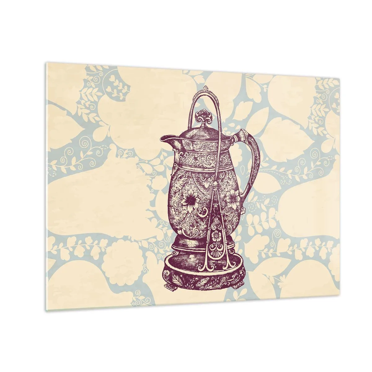 Üveg kép - Egy díszített vintage kancsó világos háttéren, díszekkel - 70x50cm - A mindennapi élet szépsége - Modern fali dekoráció nappalihoz és hálószobához ARTTOR