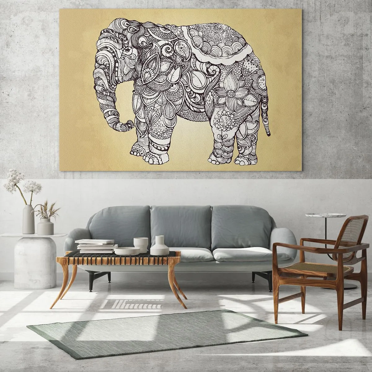 Üveg kép - Fekete-fehér elefánt keleti mintákkal bézs alapon - 70x50cm - Az elefánt megvakult - Modern fali dekoráció nappalihoz és hálószobához ARTTOR