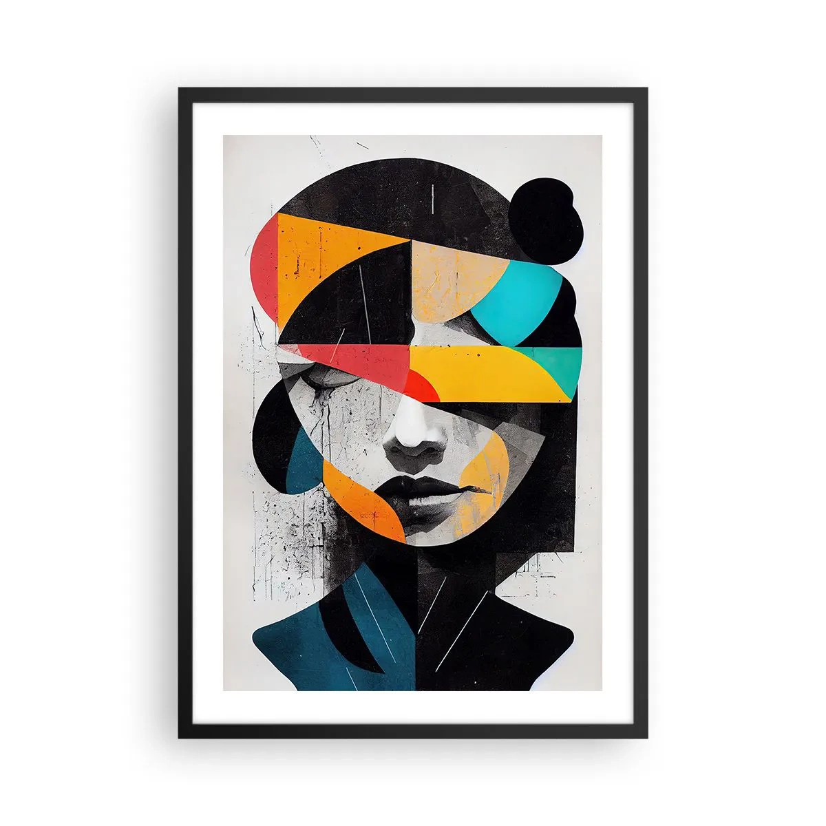 Poszter fehér keretben - Belső portré, többszínű, stilizált absztrakt portré egy nőről - 50x70cm - Sokszínű belső portré - Modern fali dekoráció nappalihoz és hálószobához ARTTOR