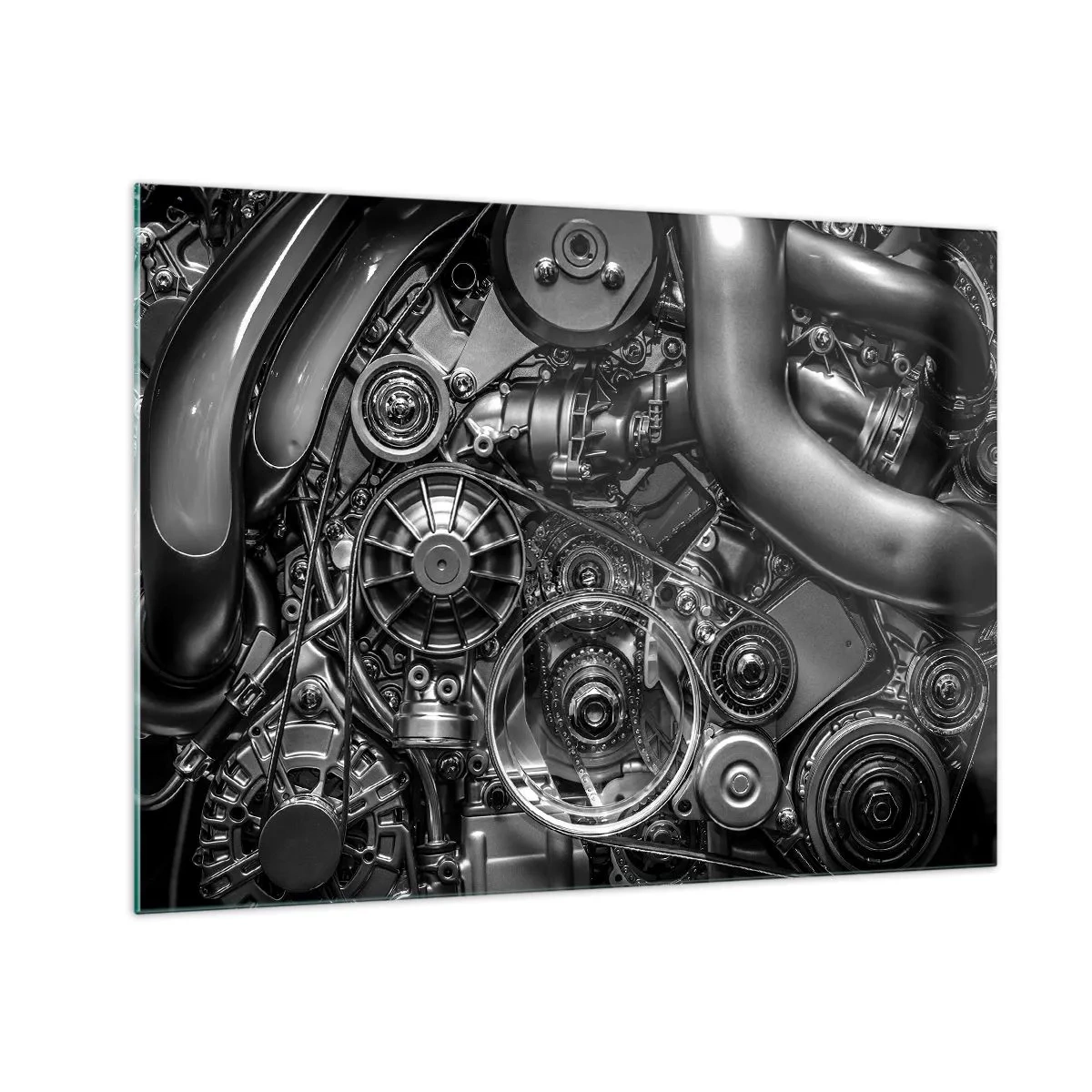 Üveg kép - Egy fekete-fehér motor részlete látható mechanizmusokkal - 70x50cm - A mechanika költészete - Modern fali dekoráció nappalihoz és hálószobához ARTTOR