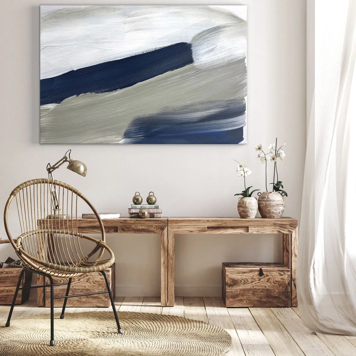 Vászonkép - Absztrakt ecsetvonások kék és szürke árnyalatokban - 70x50cm - Találkozás a fehérrel - Modern fali dekoráció nappalihoz és hálószobához ARTTOR