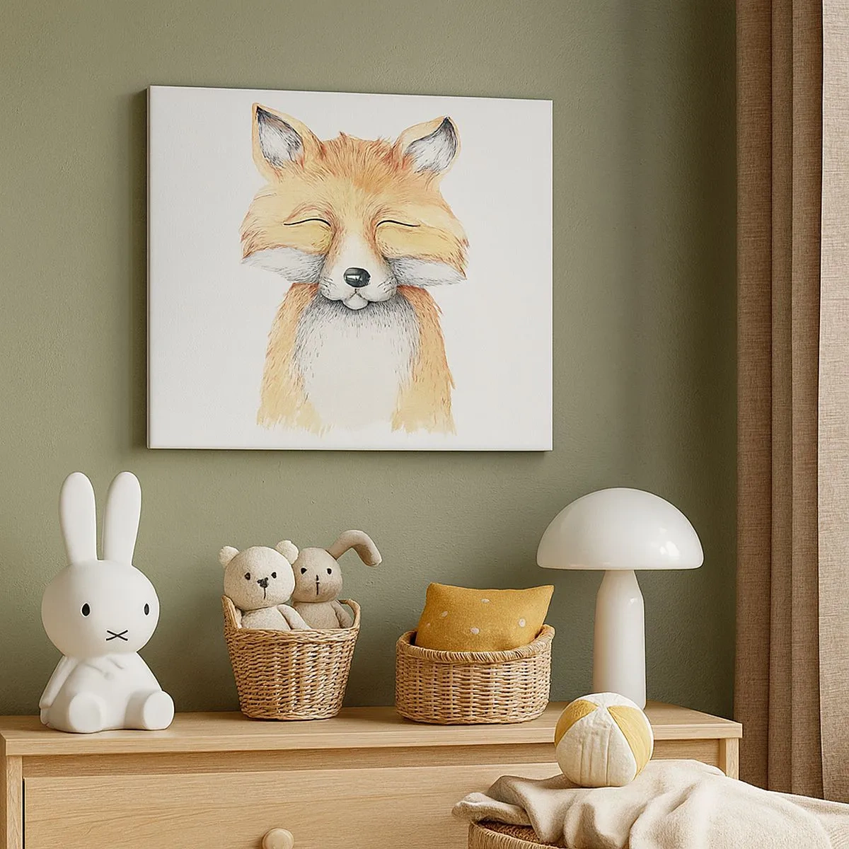 Vászonkép - Egy akvarell róka mosolyogva minimalista stílusban - 70x50cm - Róka hangulatok - Modern fali dekoráció nappalihoz és hálószobához ARTTOR