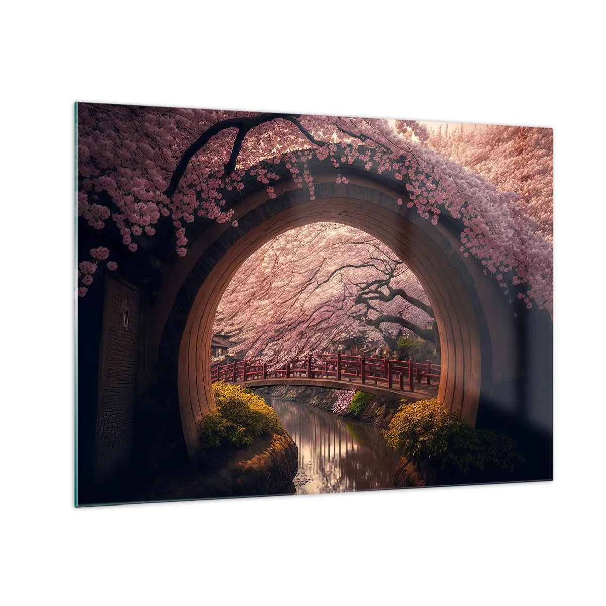 Üveg kép - Cseresznyevirágzás és egy japán híd a kerek kapun keresztül - 70x50cm - Japán tavasz - Modern fali dekoráció nappalihoz és hálószobához ARTTOR