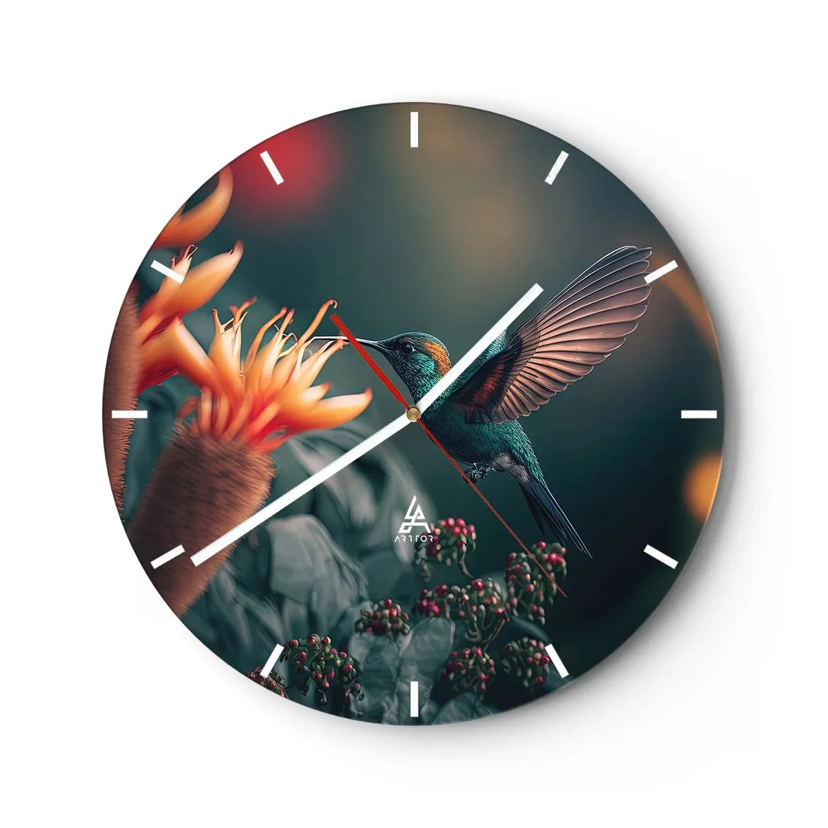 Falióra, Óra - Egy kolibri lebeg egy egzotikus narancsvirág felett. - 30x30cm - Egy igazán színes élet - Modern fali dekoráció nappalihoz, konyhához és hálószobához ARTTOR