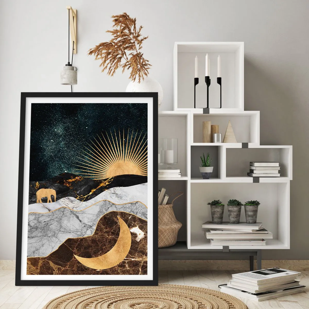 Poszter fehér keretben - Aranyló tájkép a Holddal, a Nappal és egy elefánt sziluettjével - 50x70cm - Örök törvények - Modern fali dekoráció nappalihoz és hálószobához ARTTOR