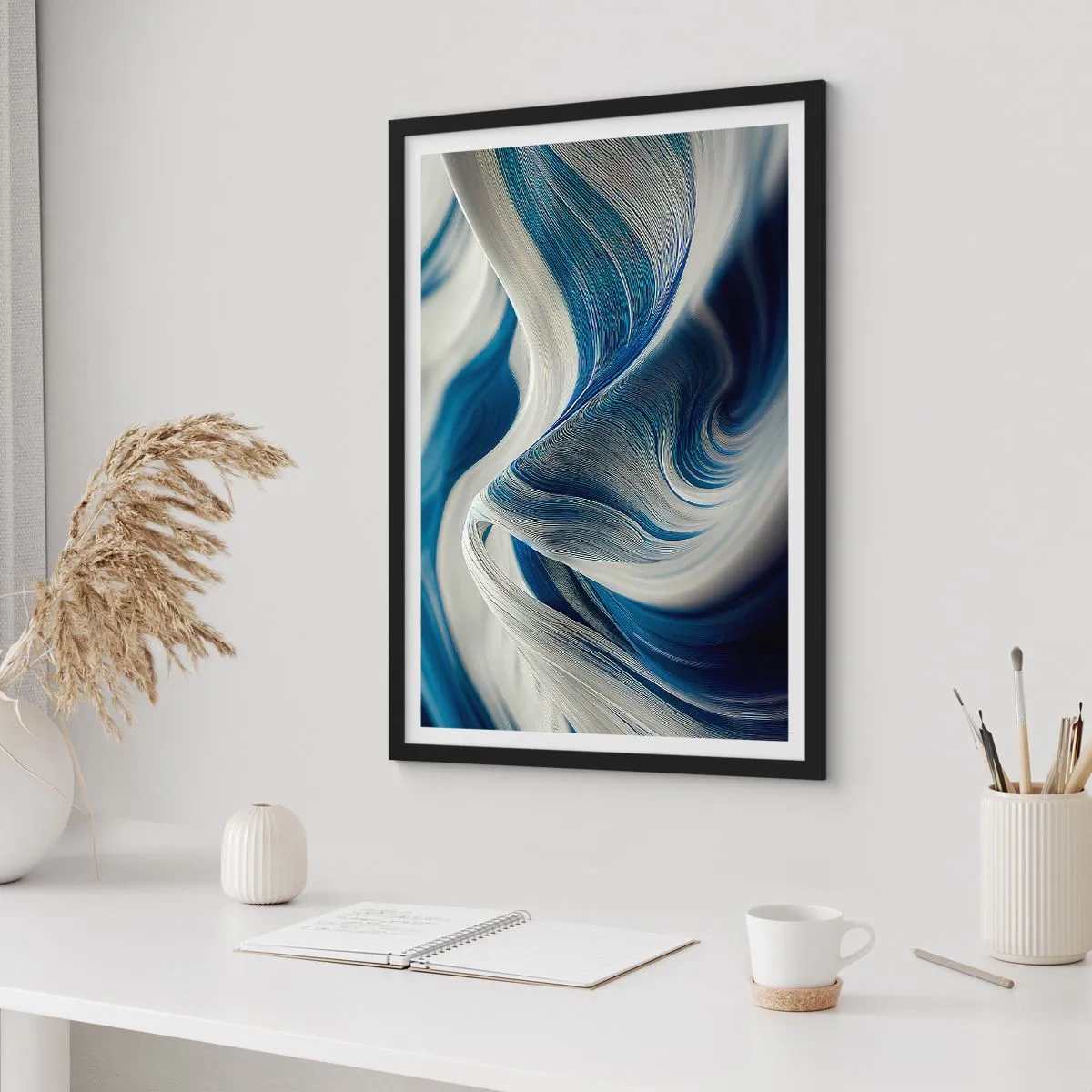 Poszter fehér keretben - Absztrakt hullámok sötétkék és fehér árnyalatokban - 50x70cm - Kék és fehér folyékonysága - Modern fali dekoráció nappalihoz és hálószobához ARTTOR